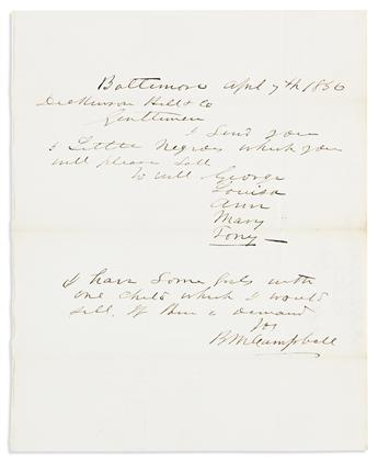 (SLAVERY & ABOLITION.) Correspondence archive of the Richmond slave dealers Dickinson, Hill & Co., and S.R. Fondren.